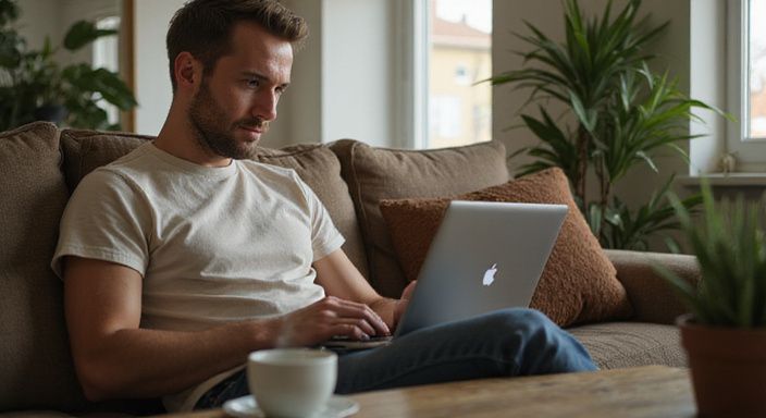 Een man in de woonkamer zoekt online naar datingsites voor Aziatische vrouwen dating Vlaanderen.