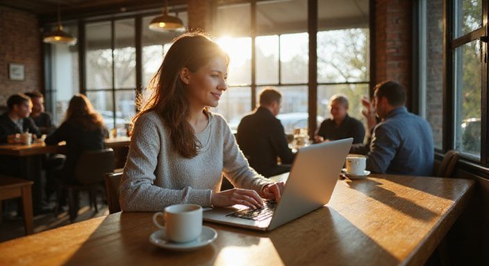 Een vrouw gebruikt een datingapp voor Aziatische vrouwen dating Vlaanderen in een gezellige koffiebar.