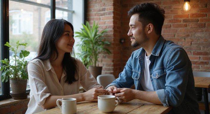 Een vrouw en man hebben een oprechte conversatie over Aziatische vrouwen dating Vlaanderen in een café.