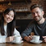 Een vrouw en man delen een warme, oprechte lach in een café