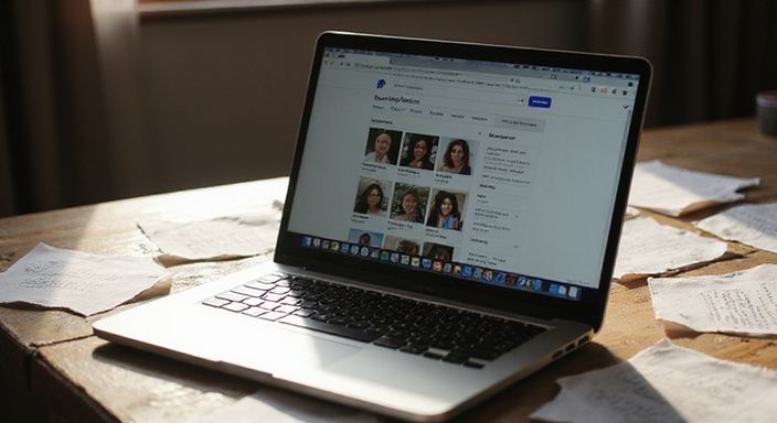 Een laptop op een houten bureau met papieren en notities.