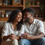 Een jonge vrouw en man delen een intiem gesprek op de bank