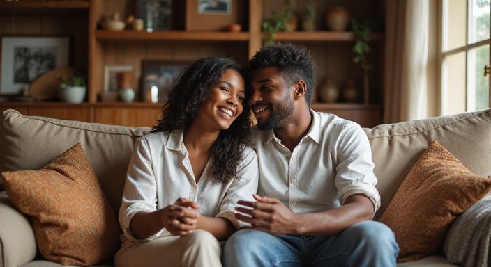 Een jonge vrouw en man delen een intiem gesprek op de bank