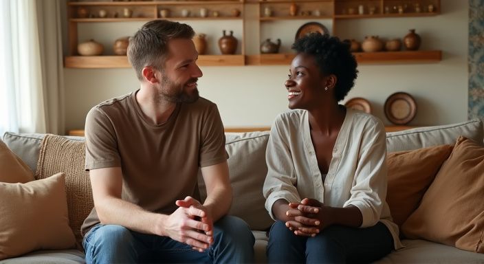 Twee mensen zitten samen in een gezellige woonkamer en praten over donkere vrouwen dating Vlaanderen.