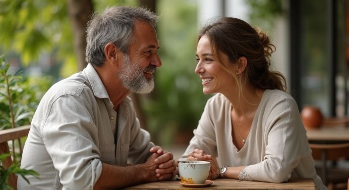 Een man en vrouw delen een intiem moment aan een café tafel.