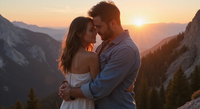 Een jong stel omarmt elkaar liefdevol op een bergtop.