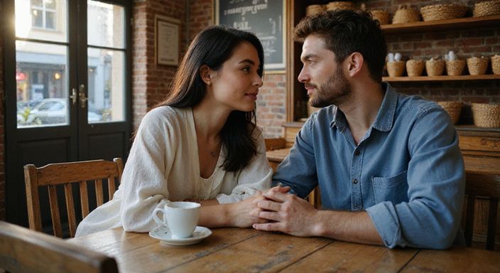 Een man en vrouw delen een intiem moment in een café.