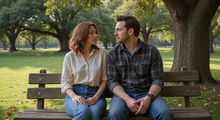 Een vrouw en man delen een serieus gesprek over donkere vrouwen dating Vlaanderen op een parkbank.