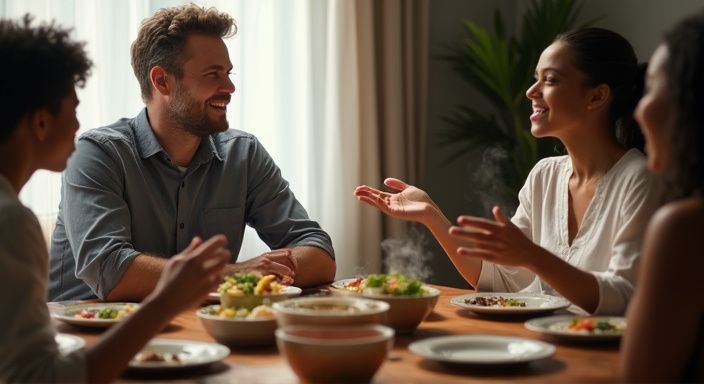 Een groep vrienden geniet van een intiem diner aan tafel en wil donkere vrouwen dating in Vlaanderen.