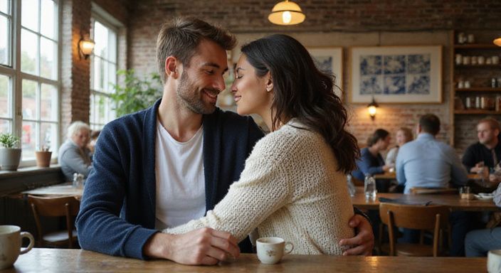 Een man en vrouw omhelzen elkaar in een gezellig café.