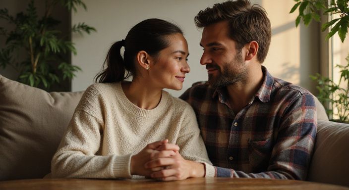Een stel geniet van een intieme avond thuis op de bank.