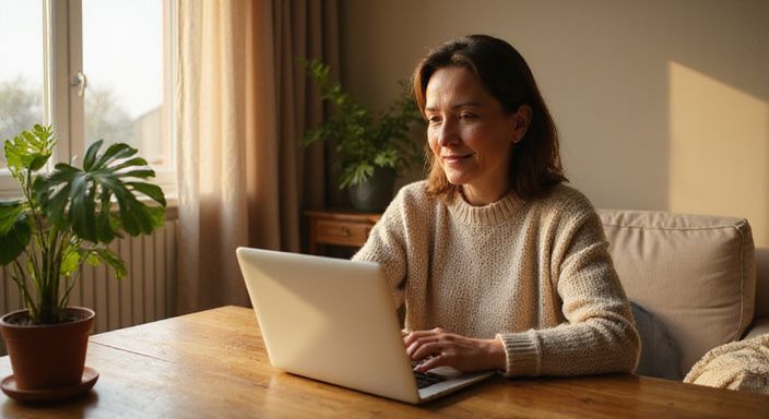 Een vrouw glimlacht terwijl ze op een datingsite zoekt naar donkere vrouwen dating Vlaanderen.