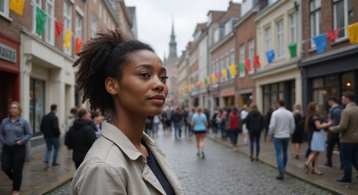 Drukke straat met mensen en kleurrijke vlaggen in Vlaanderen.