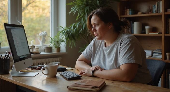 Vrouw met volle figuur zit geconcentreerd aan bureau met dagelijkse spullen en zoekt mollige vrouwen sexcontact Vlaanderen.