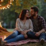 Een jong stel geniet van een intieme picknick in het park