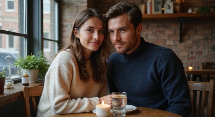 Een jong stel geniet van elkaars gezelschap in een café.