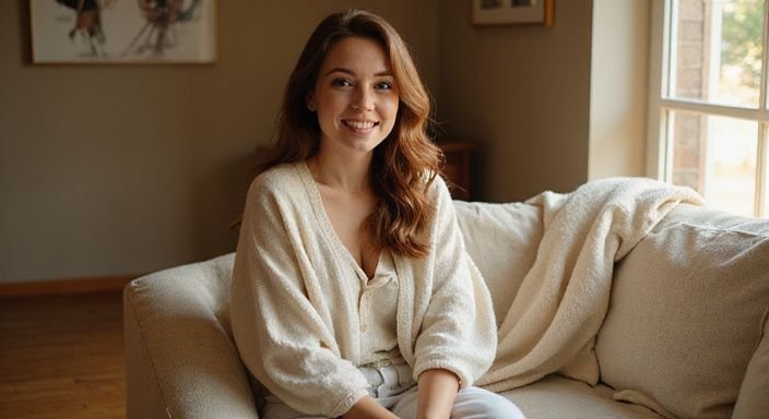 Een vrouw op een zachte bank, lachend en ontspannen.