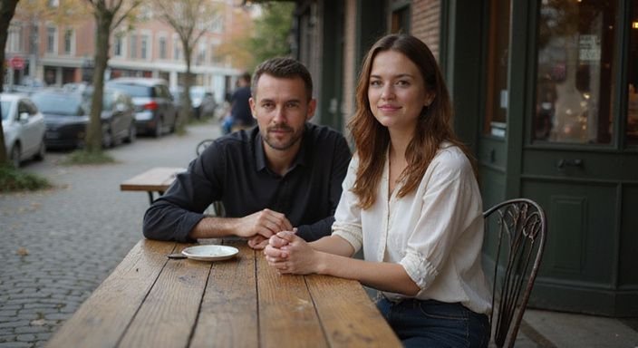 Een gezellig gesprek over mollige vrouwen sexcontact Vlaanderen tussen twee mensen in een buiten café.