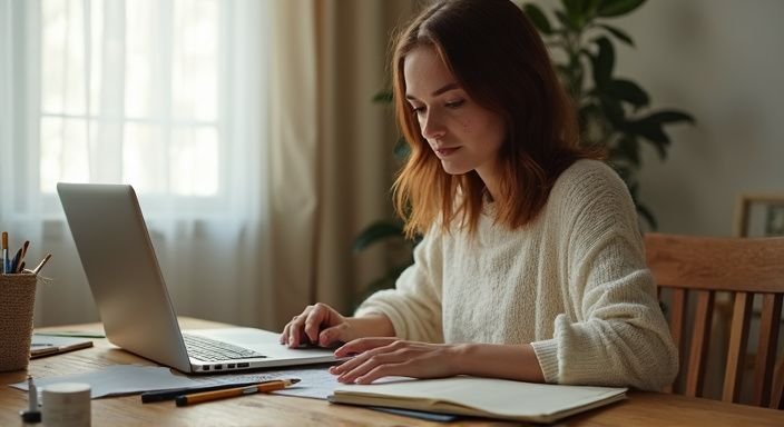 Een vrouw werkt geconcentreerd aan haar laptop in een thuiskantoor en zoekt mollige vrouwen sexcontact Vlaanderen.