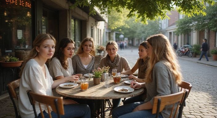 Vrouwen genieten van een ontspannen gesprek over mollige vrouwen sexcontact Vlaanderen in een café.
