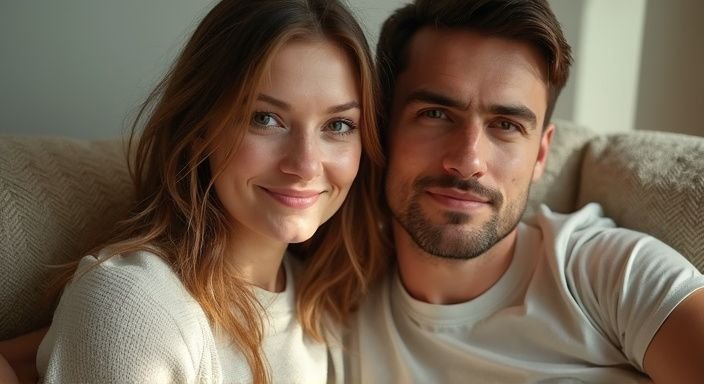 Een stel zit samen op een comfortabele bank en lacht.