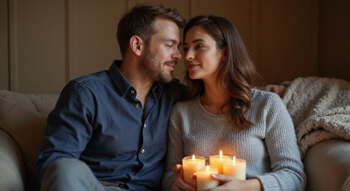 Een man en vrouw zitten intiem samen op een bank.