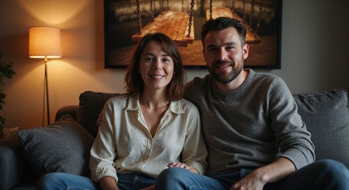 Een vrouw en man genieten samen van een gezellige woonkamer.
