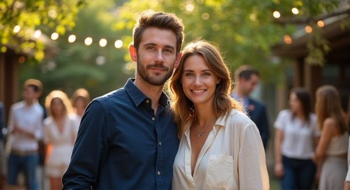 Een man en vrouw staan samen op een levendig evenement.