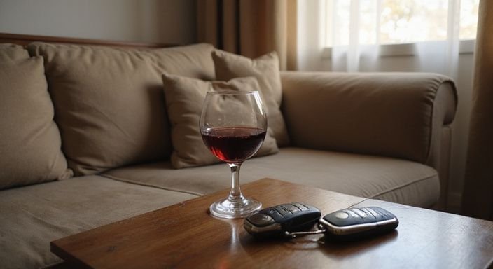 Gezellige woonkamer met een vrouw, wijn en een elegante inrichting.