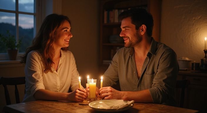 Een stel geniet van een intiem diner aan tafel tijdens swingers partnerruil Vlaanderen.