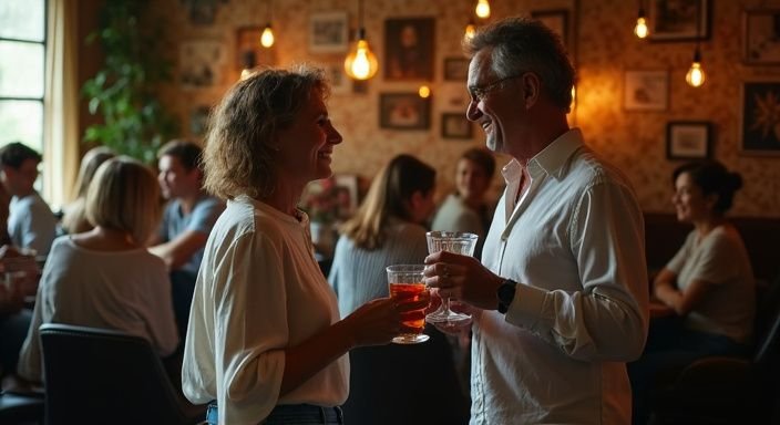 Een man en vrouw genieten van een gesprek in een sociale club.