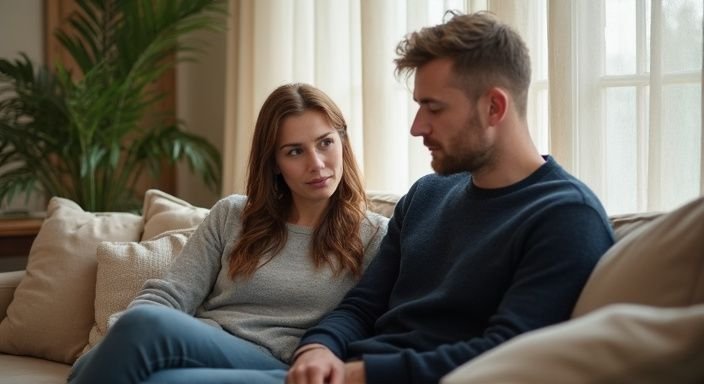 Een stel in gesprek over swingers partnerruil Vlaanderen op een beige bank over grenzen en verwachtingen.