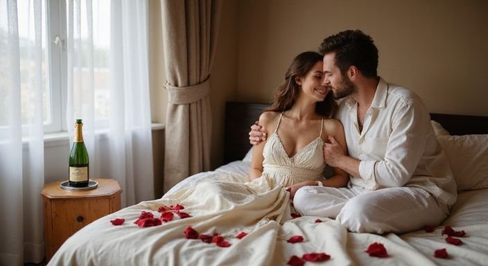 Een intieme slaapkamer met een bed, rozenblaadjes en een fles champagne.