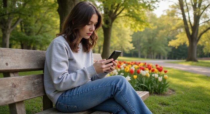 Een transgender vrouw in een park, zoekt op haar smartphone naar transgender dating Vlaanderen.