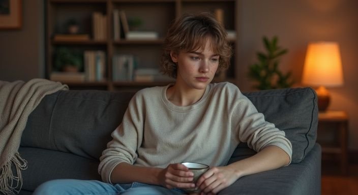 Een jonge volwassene zit nadenkend op een comfortabele bank met thee en wil transgender dating in Vlaanderen.