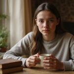 Een jongvolwassene drinkt koffie en leest in een café