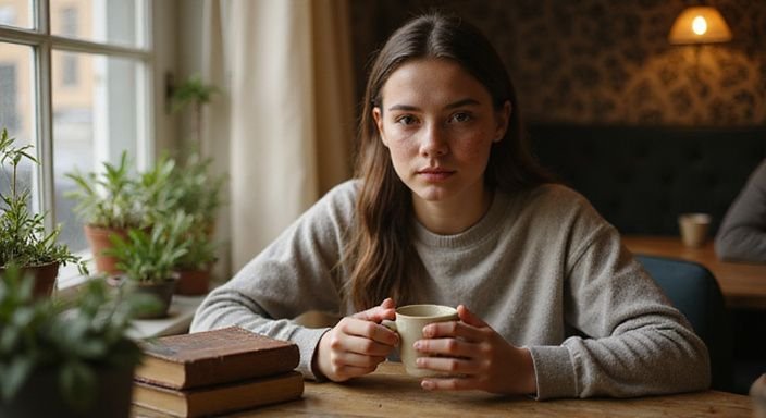 Een jongvolwassene drinkt koffie en leest in een café.