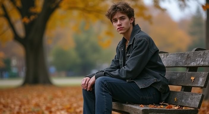 Een jongvolwassene zit contemplatief op een verouderde parkbank.