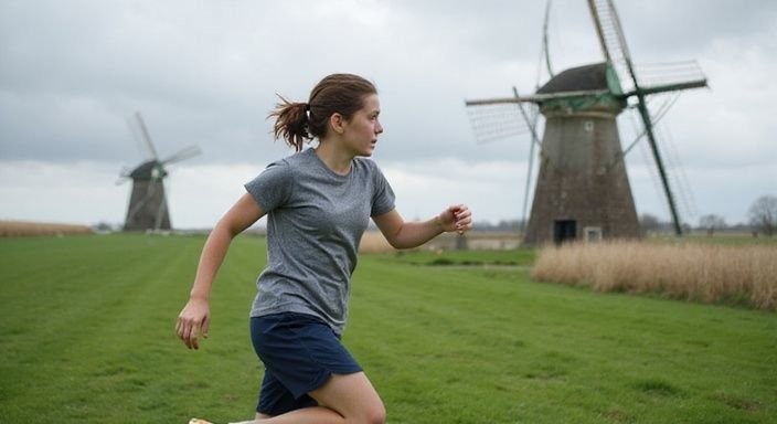 Een tiener speelt voetbal op een grasveld met windmolens op de achtergrond.