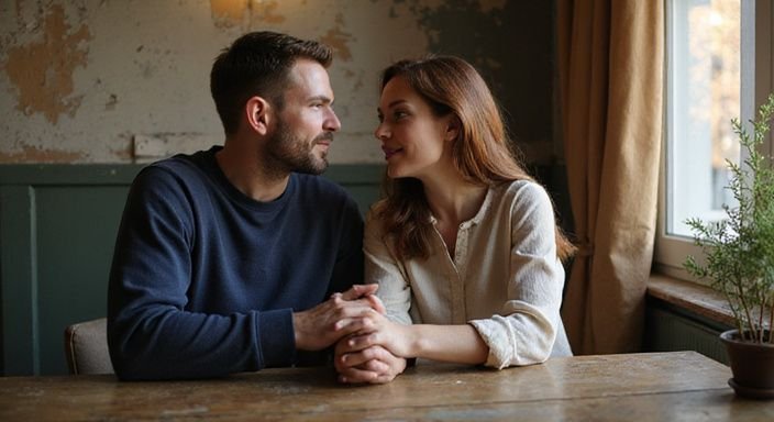 Een man en vrouw delen een intiem moment aan een cafétafel tijdens transgender dating Vlaanderen.