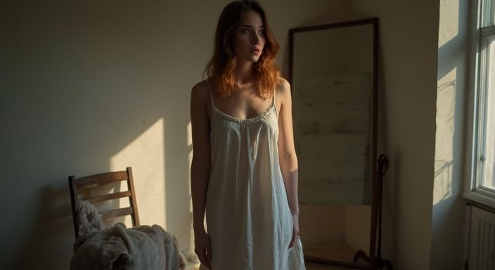 Een jonge vrouw staat onzeker voor een spiegel met een blouse.