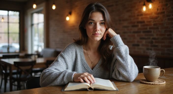 Een jonge vrouw leest een boek over transgender dating Vlaanderen in een koffiehuis.