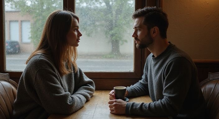 Twee jonge mensen zitten aan een tafel in een café.