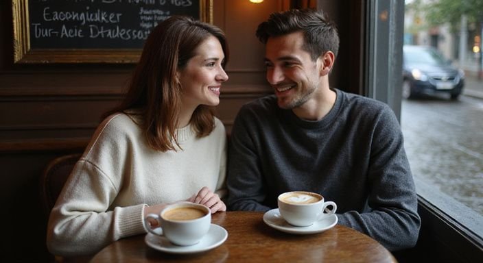 Een jong stel geniet van espresso in een gezellige Antwerpse café.