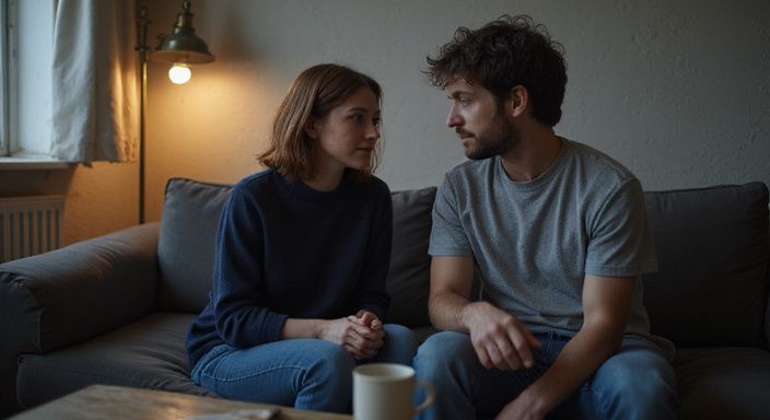 Een man en vrouw bespreken persoonlijke grenzen op een bank. Een man en vrouw bespreken persoonlijke grenzen op een bank.