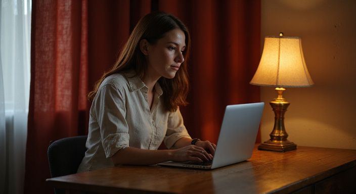 Een vrouw werkt geconcentreerd achter een houten bureau met een laptop. Een vrouw werkt geconcentreerd achter een houten bureau met een laptop.