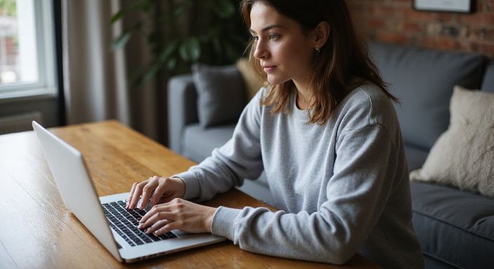 Vrouw werkt geconcentreerd aan een laptop aan de eettafel. Vrouw werkt geconcentreerd aan een laptop aan de eettafel.