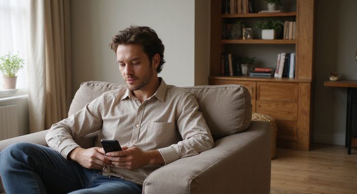 Een persoon scrollt ontspannen door een dating-app in een gezellige woonkamer. Een persoon scrollt ontspannen door een dating-app voor sexcontact in Luik in een gezellige woonkamer.