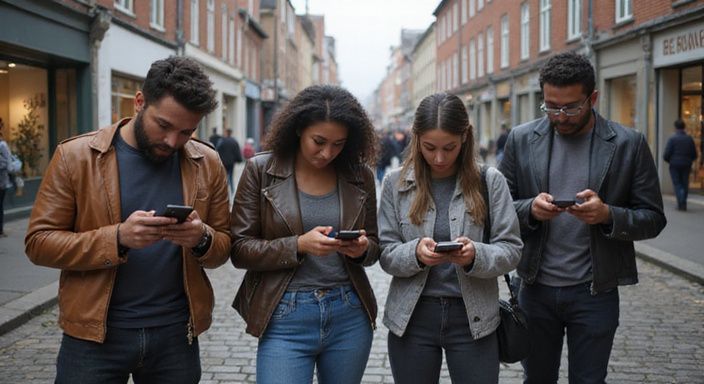 Een diverse groep mensen kijkt gefocust naar hun smartphones op straat. Een diverse groep mensen kijkt gefocust naar hun smartphones op zoek naar sexcontact in Luik.