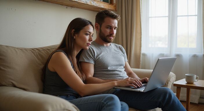 Een vrouw en man ontspannen samen op een bank met een laptop. Een vrouw en man ontspannen samen op een bank met een laptop.